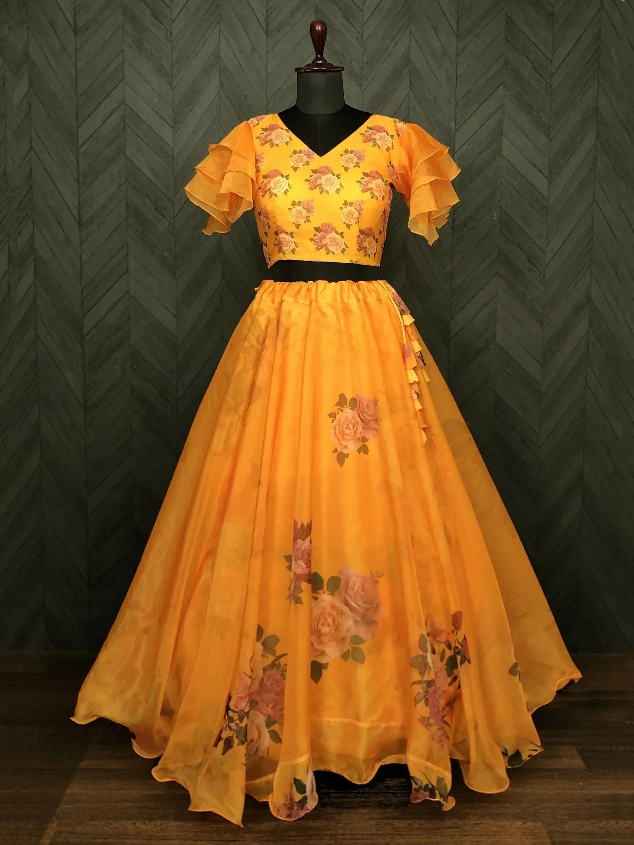 Yellow floral lehenga choli with ruffled sleeves, perfect for Indian ethnic wear events