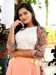 Beautiful Peach Georgette Designer Crop Top Lehenga With Koti