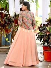 Beautiful Peach Georgette Designer Crop Top Lehenga With Koti