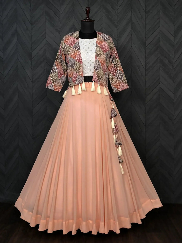 Beautiful Peach Georgette Designer Crop Top Lehenga With Koti