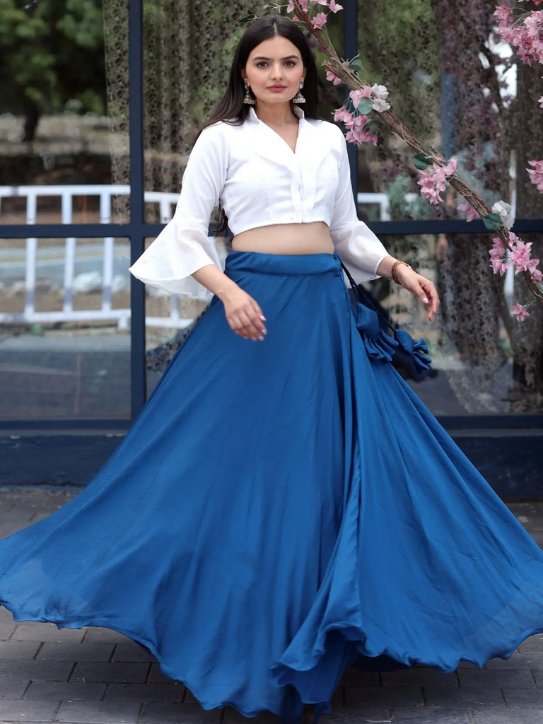 Marvelous Blue Chinon Sangeet Wear Crop Top Plain Lehenga