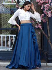 Marvelous Blue Chinon Sangeet Wear Crop Top Plain Lehenga