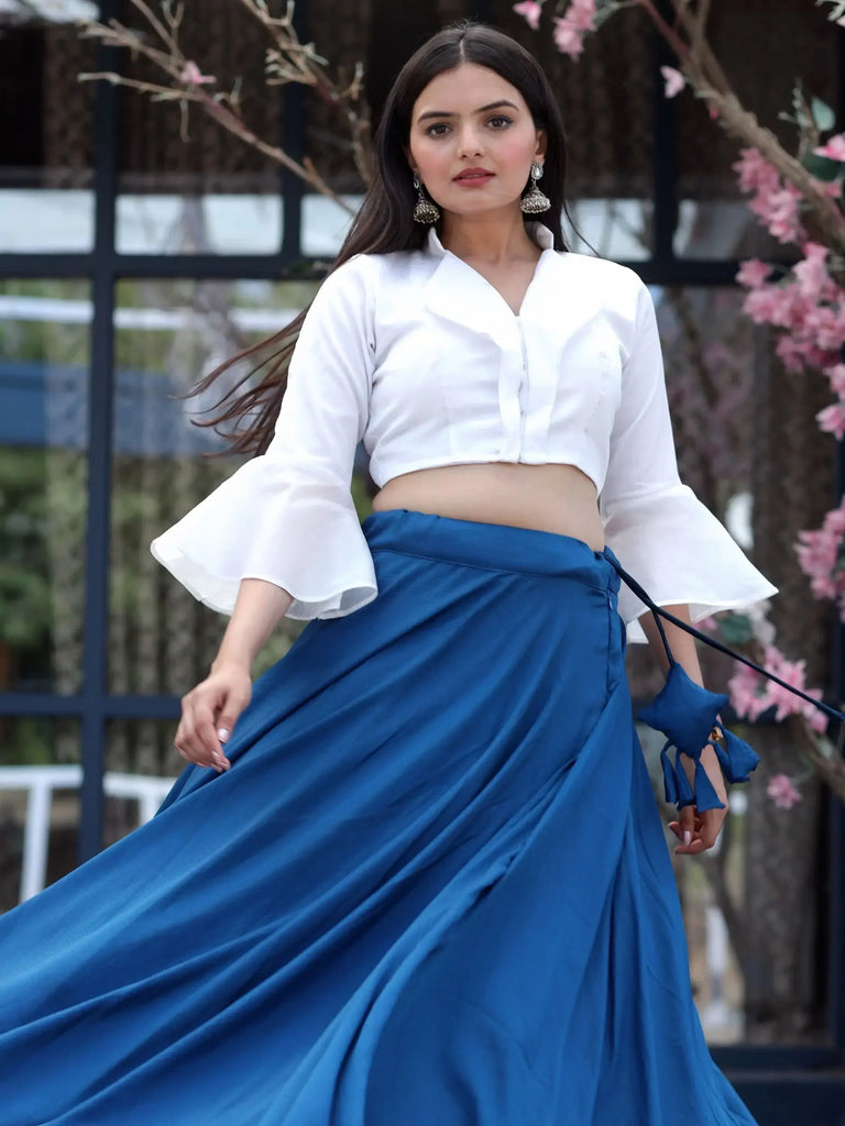 Marvelous Blue Chinon Sangeet Wear Crop Top Plain Lehenga