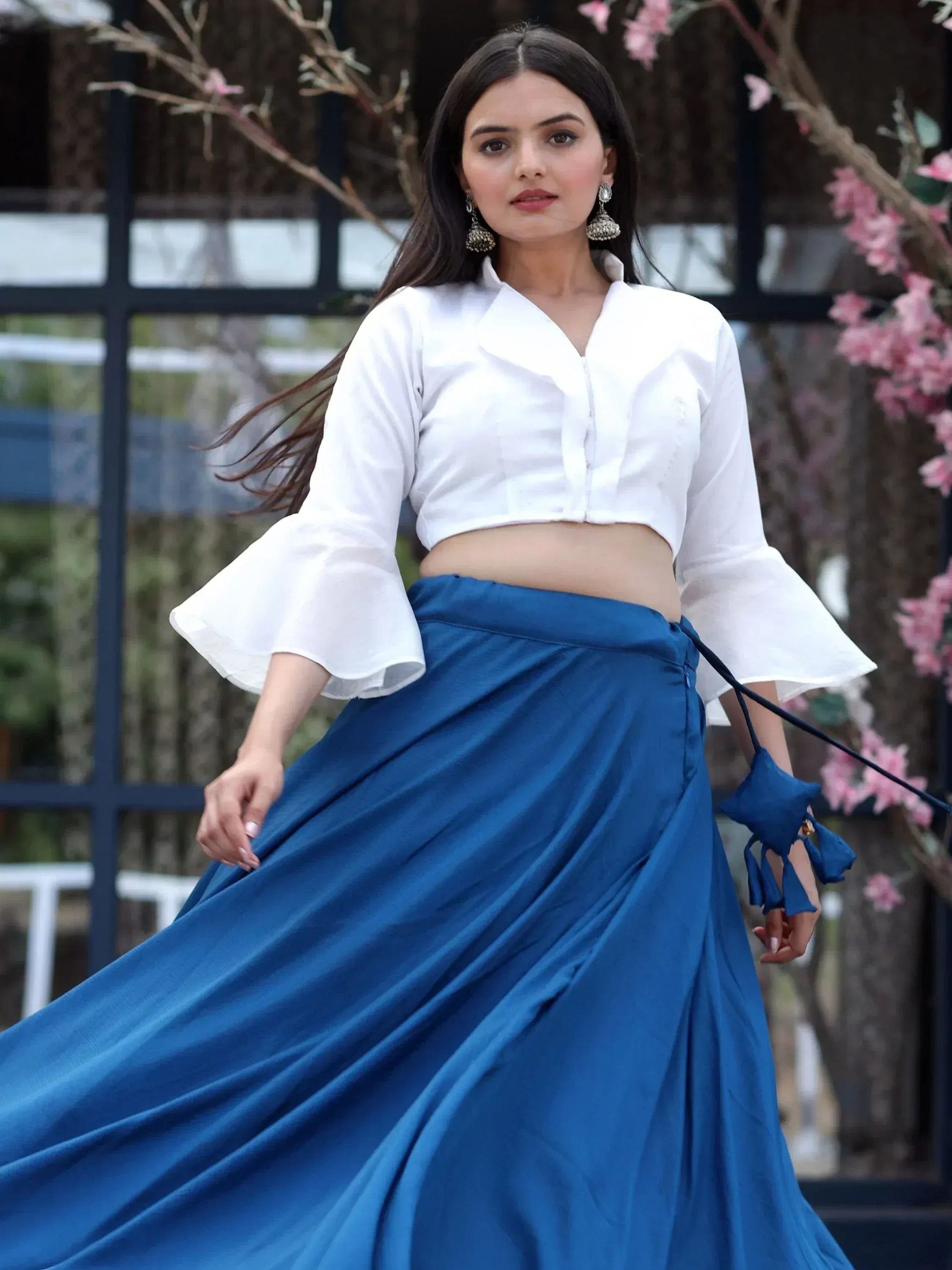 White crop top with bell sleeves and blue wrap skirt, ethnic wear for women