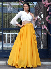 Impressive Yellow Chinon Haldi Wear Lehenga With Designer Crop Top