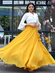 Impressive Yellow Chinon Haldi Wear Lehenga With Designer Crop Top