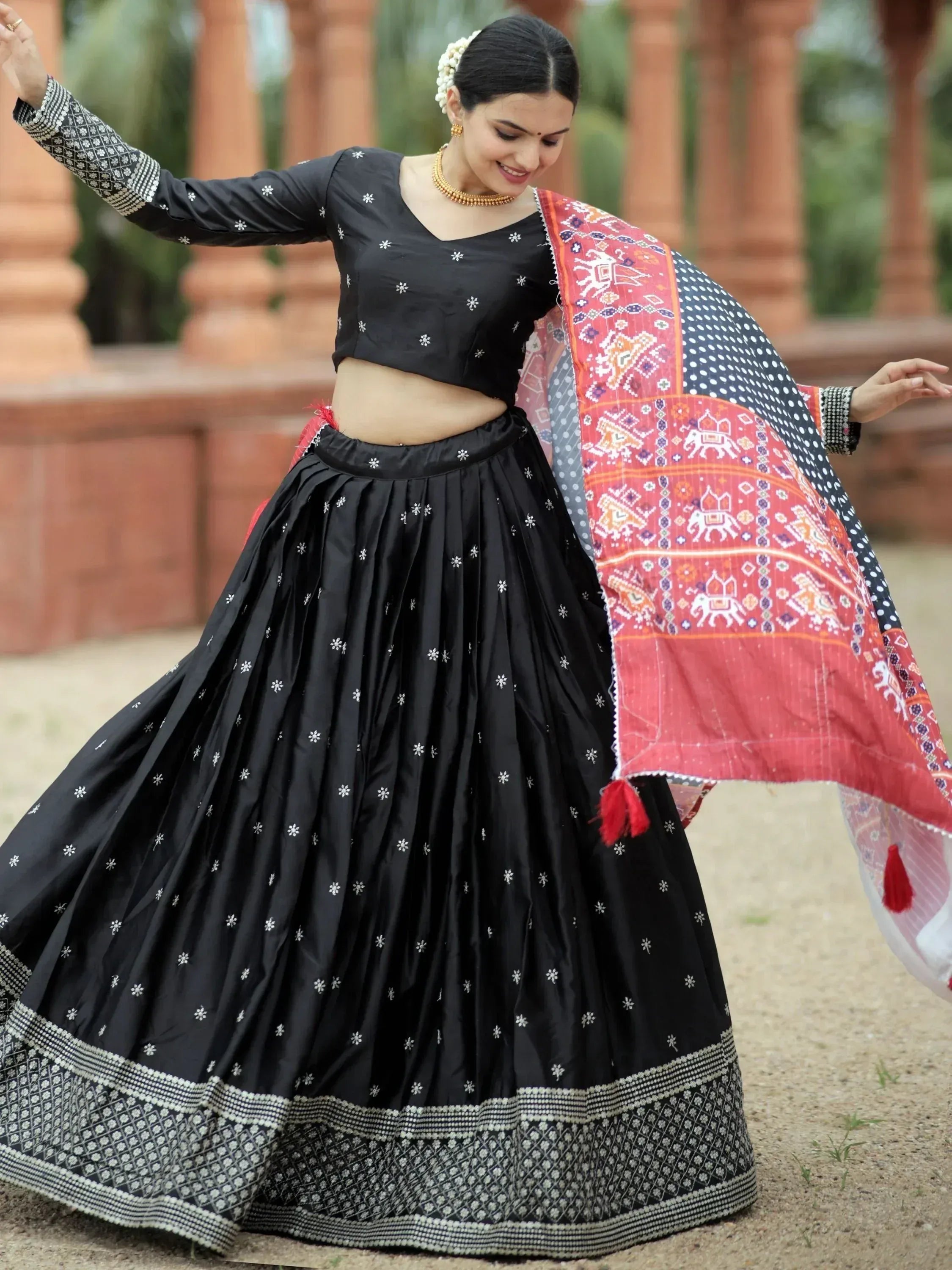 Black embroidered lehenga choli with colorful printed dupatta, Indian ethnic wear for women