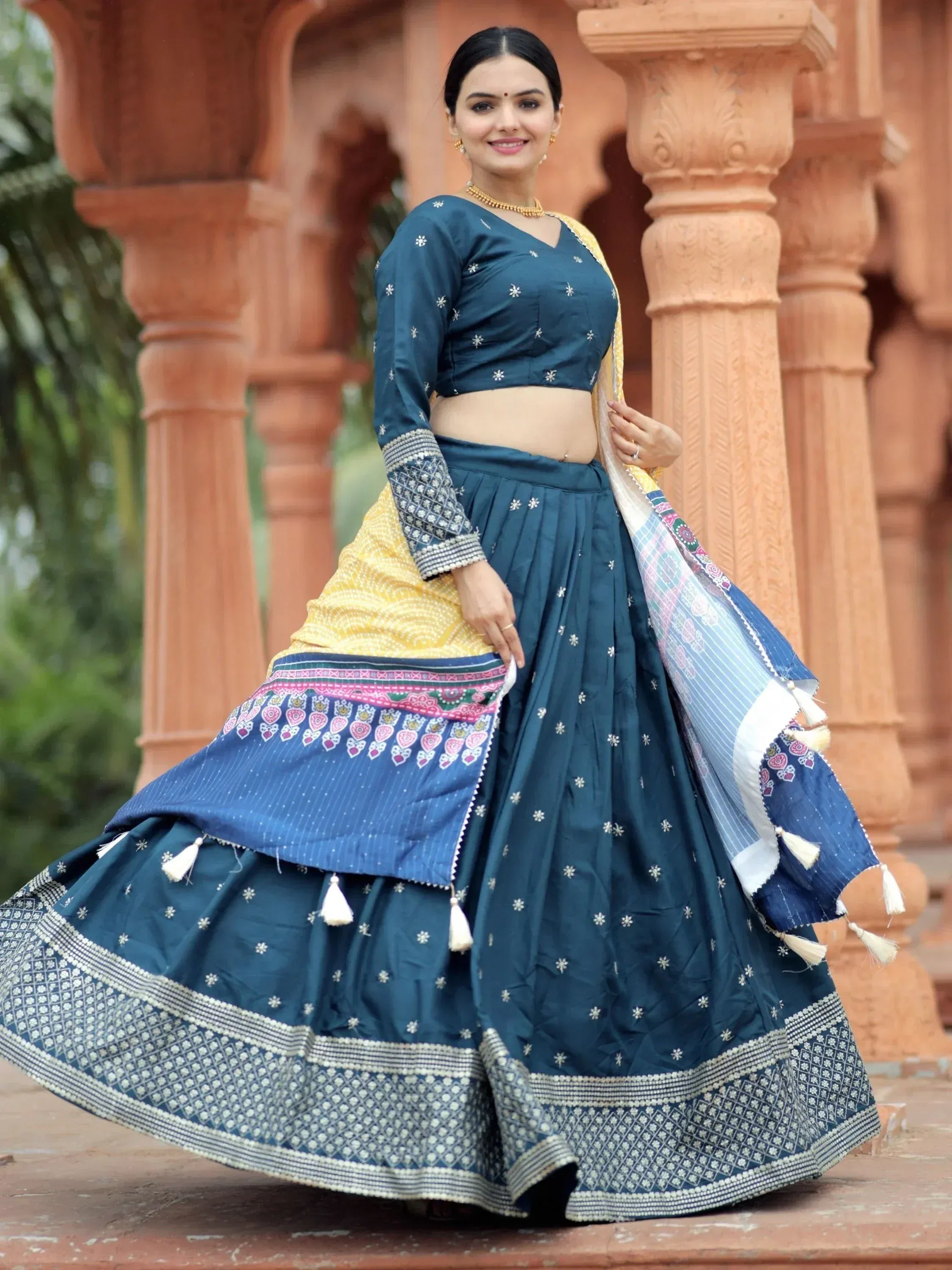 Teal embroidered lehenga choli with yellow dupatta, Indian ethnic wear for women