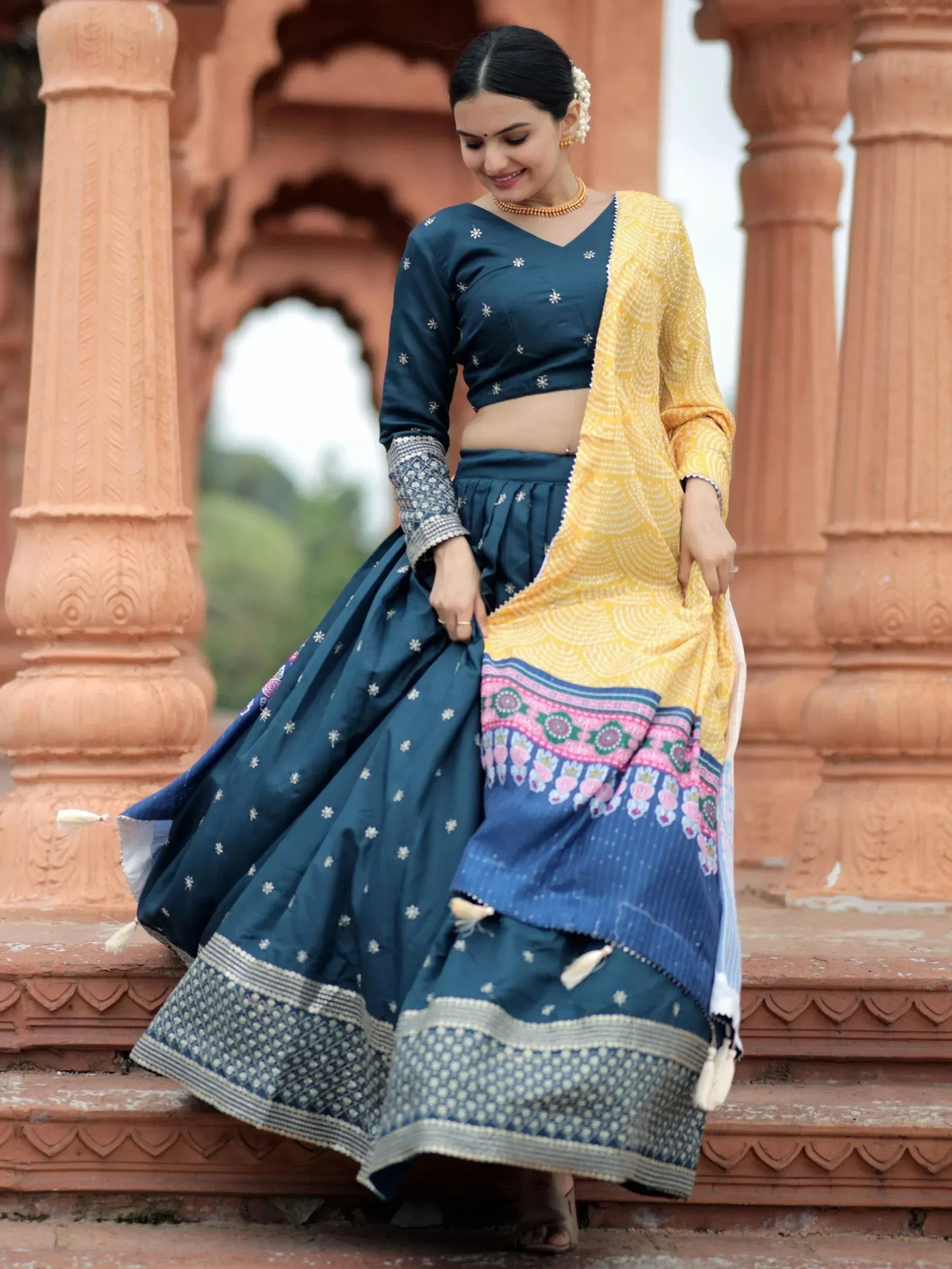 Teal lehenga choli with yellow dupatta, ethnic Indian wear for women, traditional designer outfit