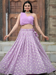 Charming Lavender Sequins Georgette Indo-Western Crop Top Lehenga