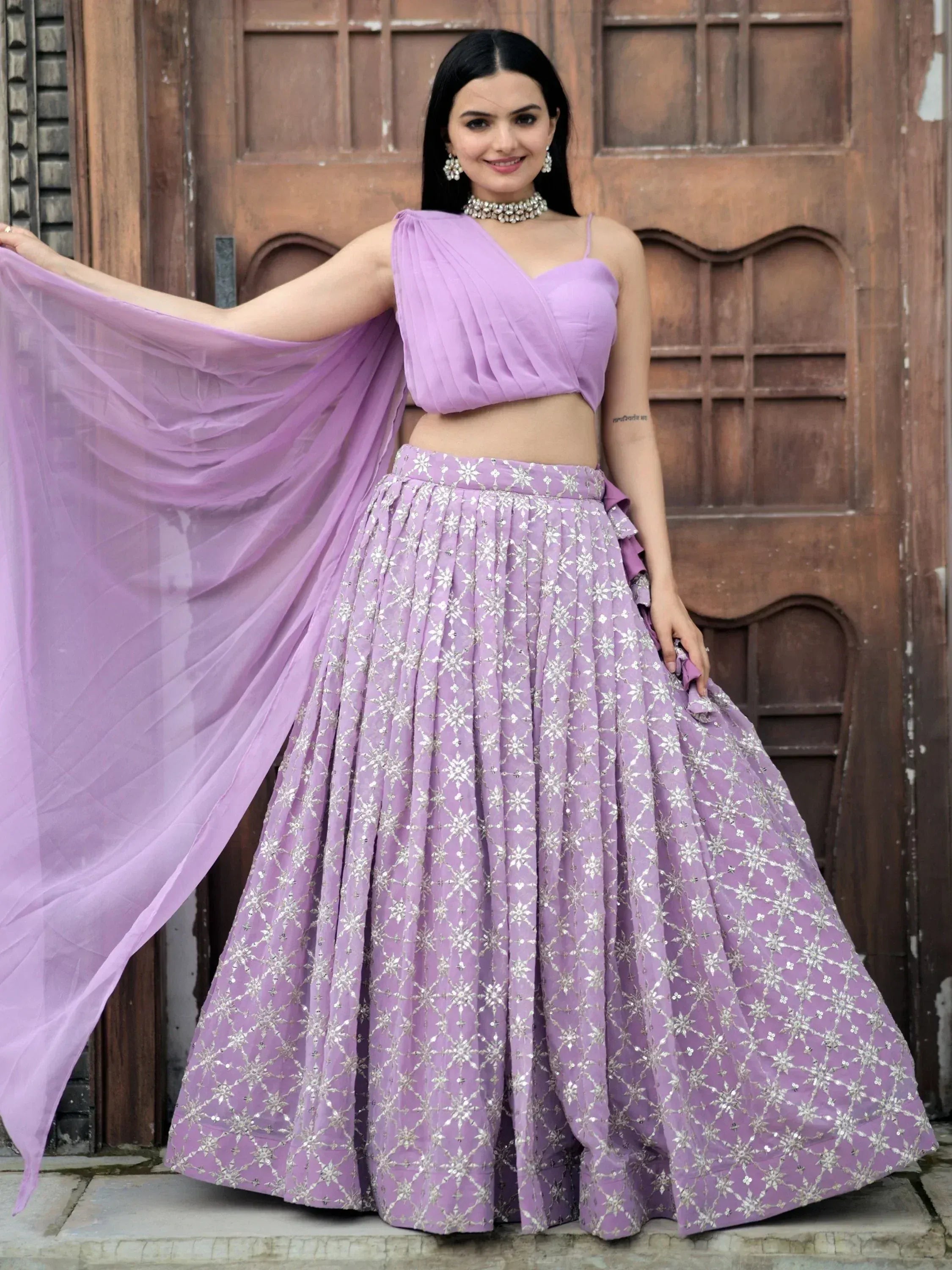 Lavender designer lehenga choli with silver embroidery, perfect for Indian ethnic wear occasions