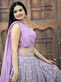 Charming Lavender Sequins Georgette Indo-Western Crop Top Lehenga