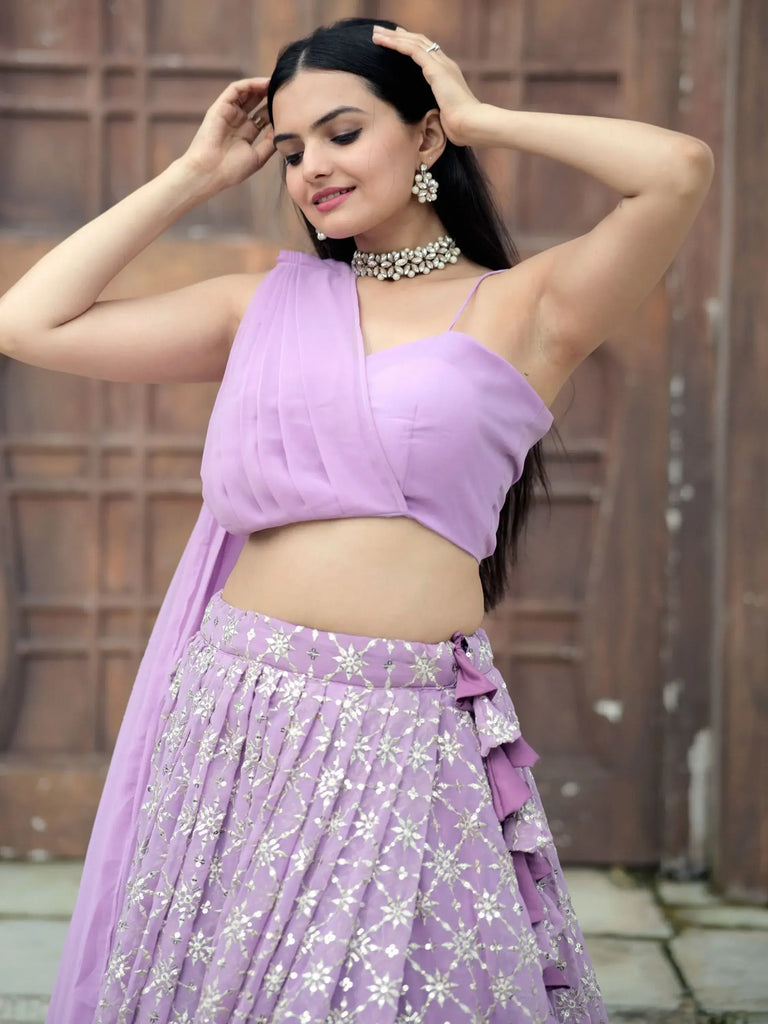 Charming Lavender Sequins Georgette Indo-Western Crop Top Lehenga