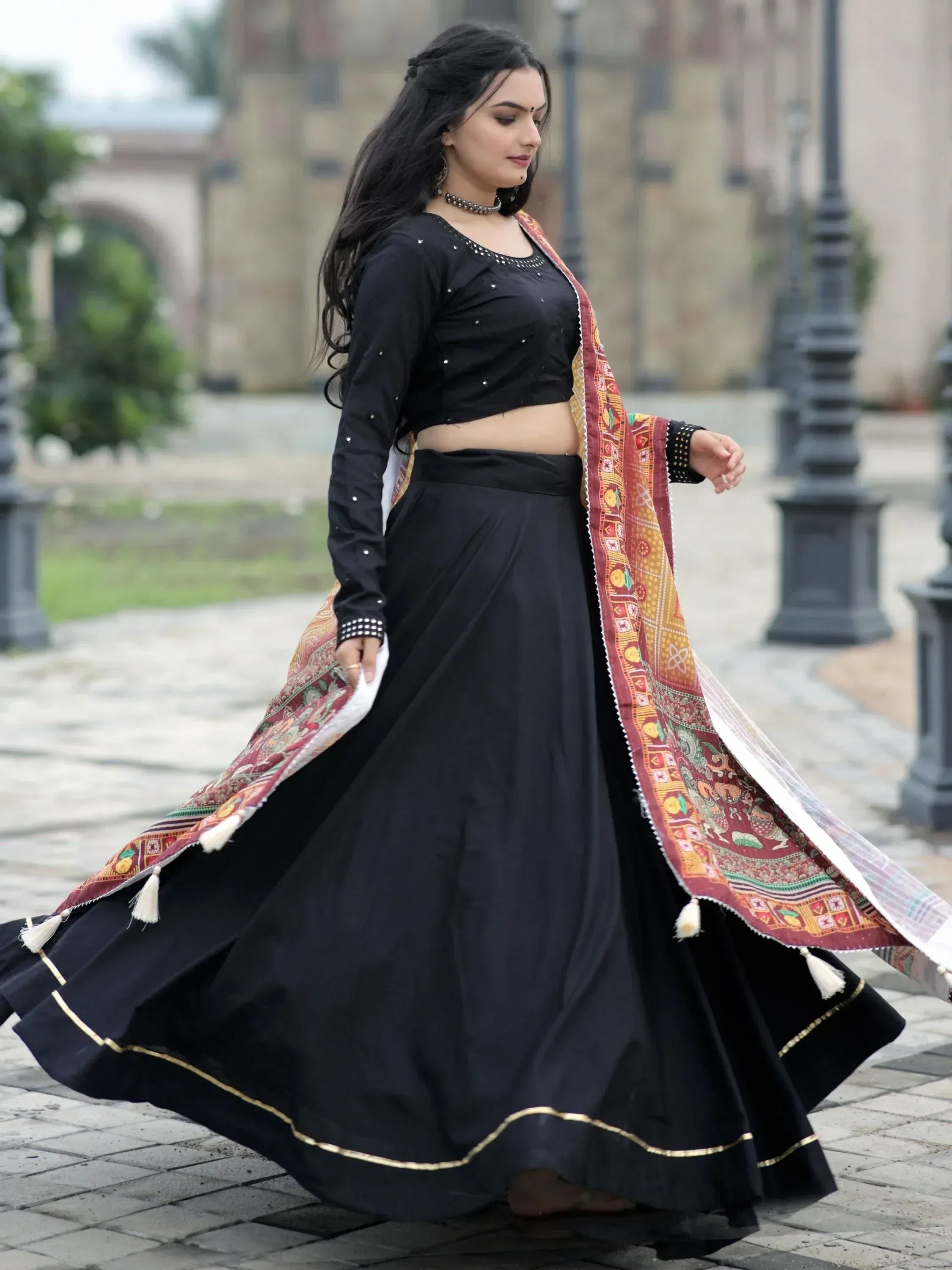 Black designer lehenga choli with colorful printed dupatta, ethnic Indian wear for women