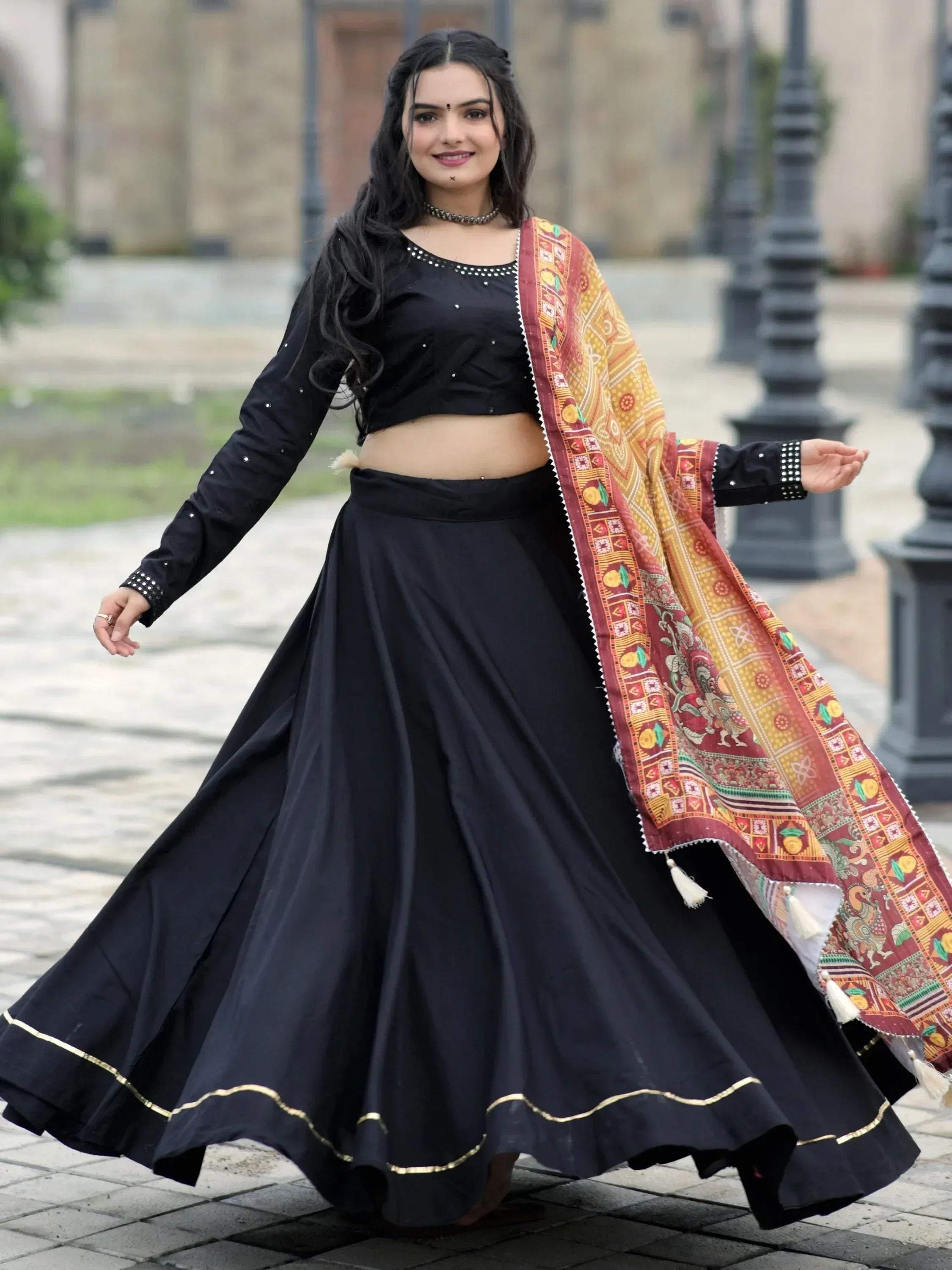 Black lehenga choli with embroidered top and colorful printed dupatta, Indian ethnic wear