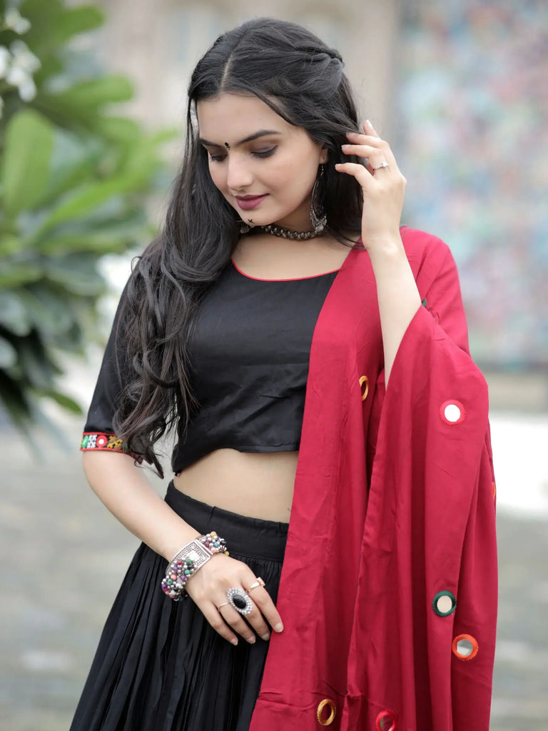 Enchanting Black Mirror Work Rayon Navaratri Wear Lehenga Choli