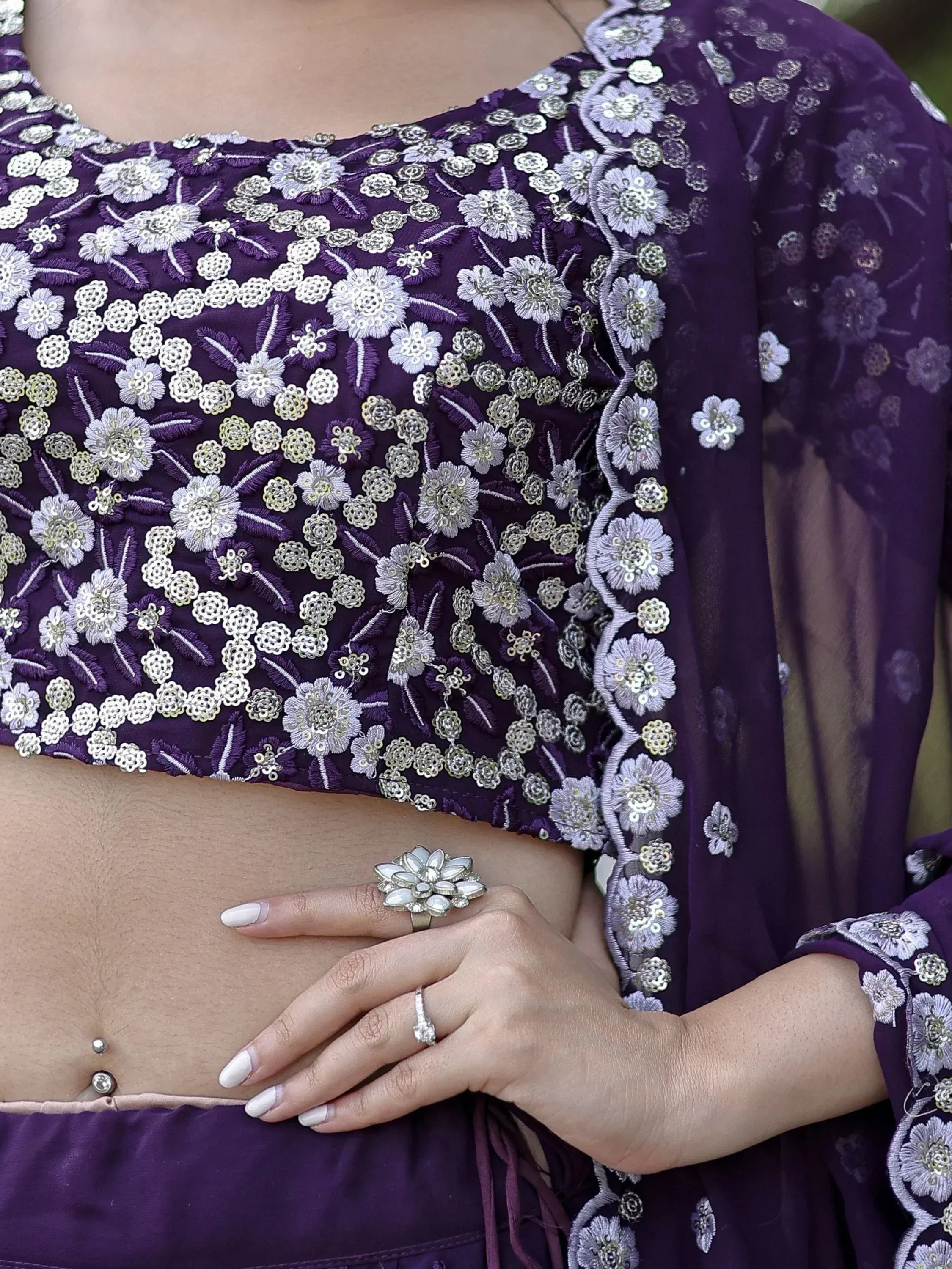 Purple embroidered lehenga choli with floral sequin work and matching dupatta, ideal for Indian ethnic wear