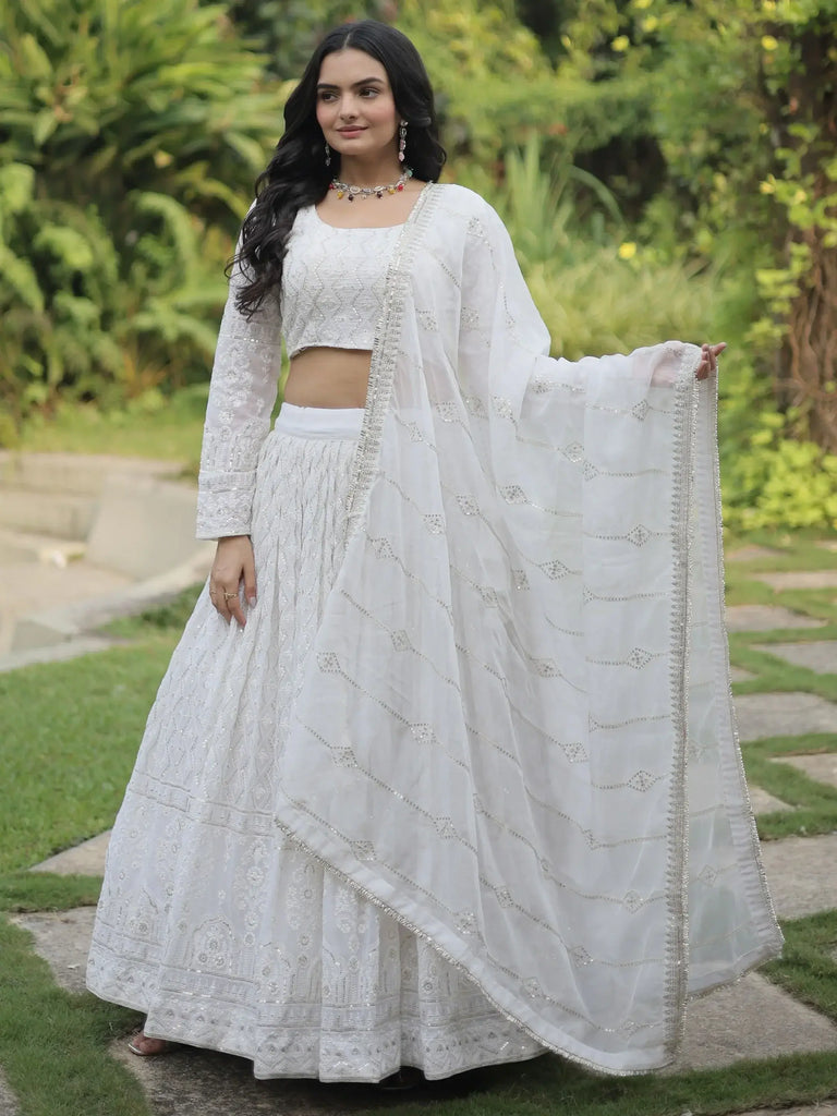 Mesmerizing White Thread Work Georgette Function Wear Lehenga Choli