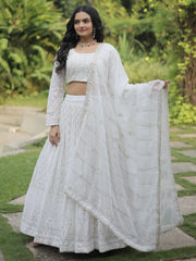 Mesmerizing White Thread Work Georgette Function Wear Lehenga Choli