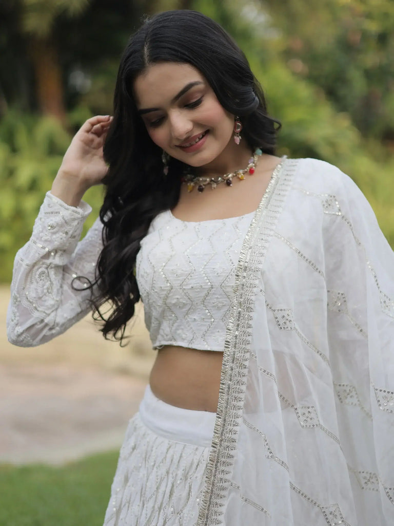 Mesmerizing White Thread Work Georgette Function Wear Lehenga Choli