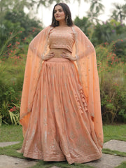 Glamorous Peach Sequins Georgette Engagement Wear Lehenga Choli