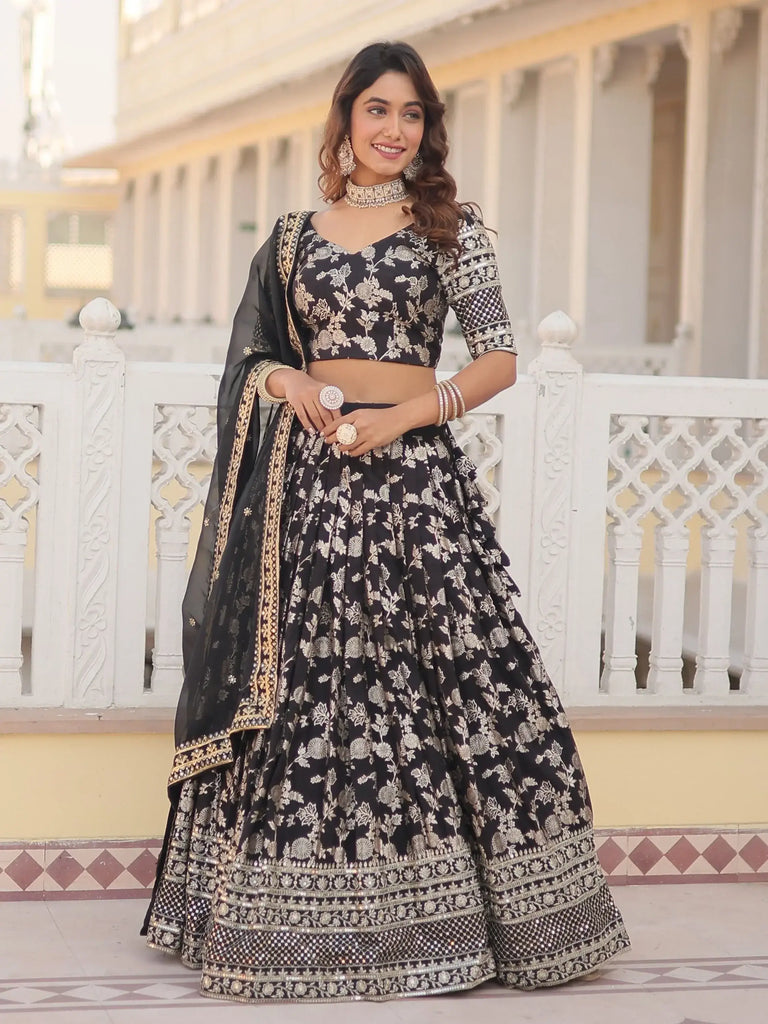 Awesome Black Embroidered Jacquard Reception Wear Lehenga Choli