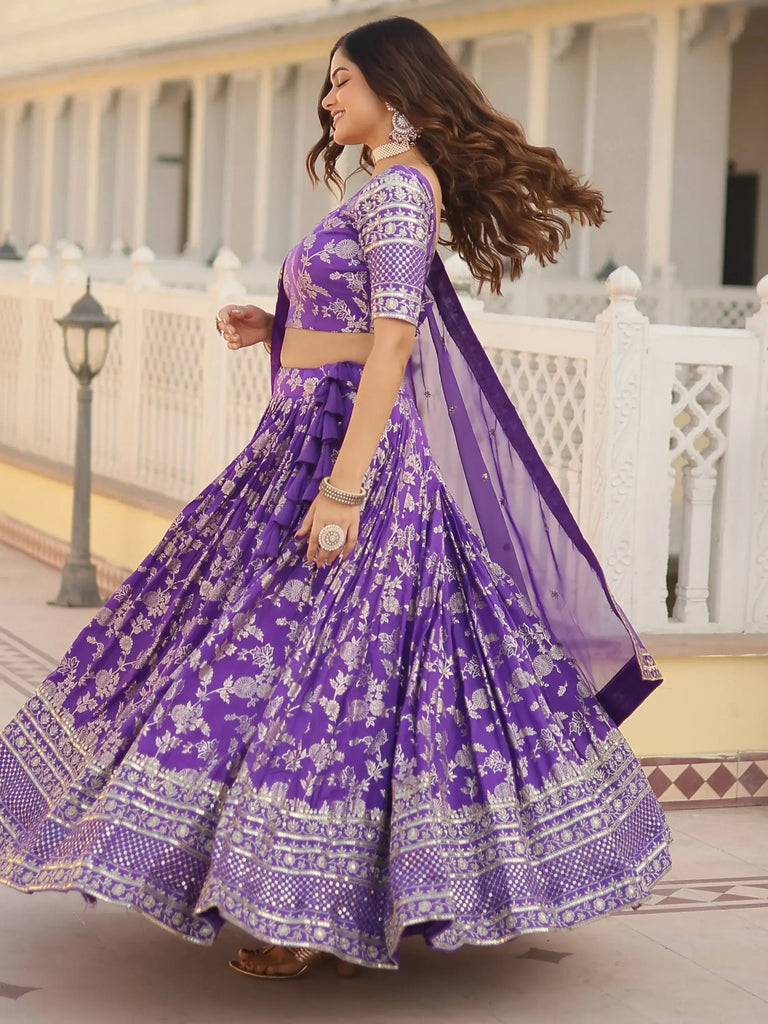 Fantastic Purple Embroidered Jacquard Lehenga Choli With Dupatta