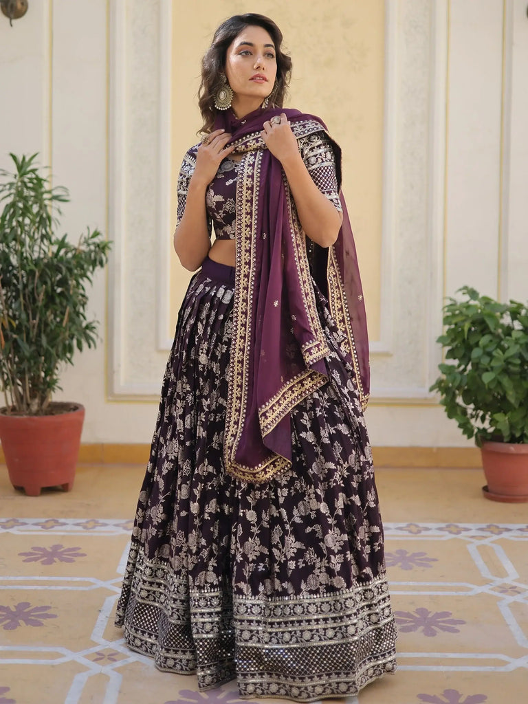 Beautiful Wine Embroidered Jacquard Sangeet Wear Lehenga Choli