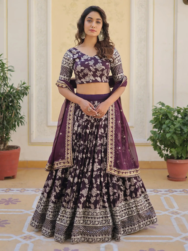 Beautiful Wine Embroidered Jacquard Sangeet Wear Lehenga Choli