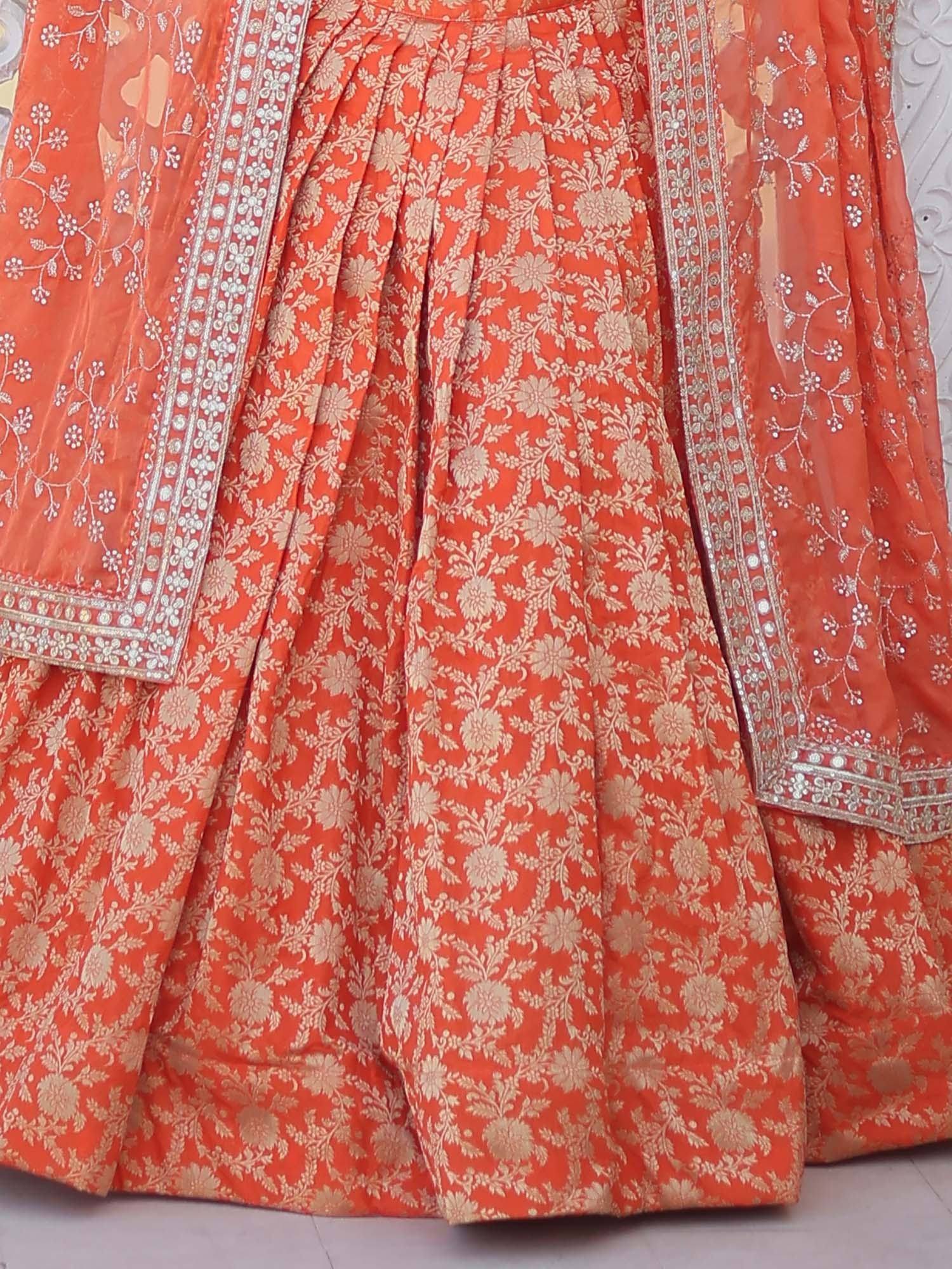 Orange floral embroidered lehenga choli with sheer dupatta, Indian ethnic wear
