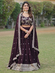 Stunning Wine Embroidered Georgette Wedding Wear Lehenga Choli