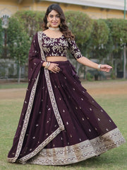 Stunning Wine Embroidered Georgette Wedding Wear Lehenga Choli