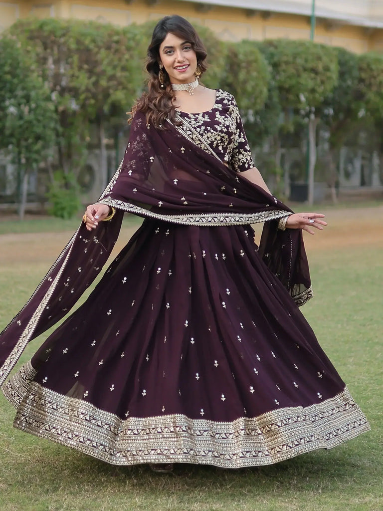 Stunning Wine Embroidered Georgette Wedding Wear Lehenga Choli