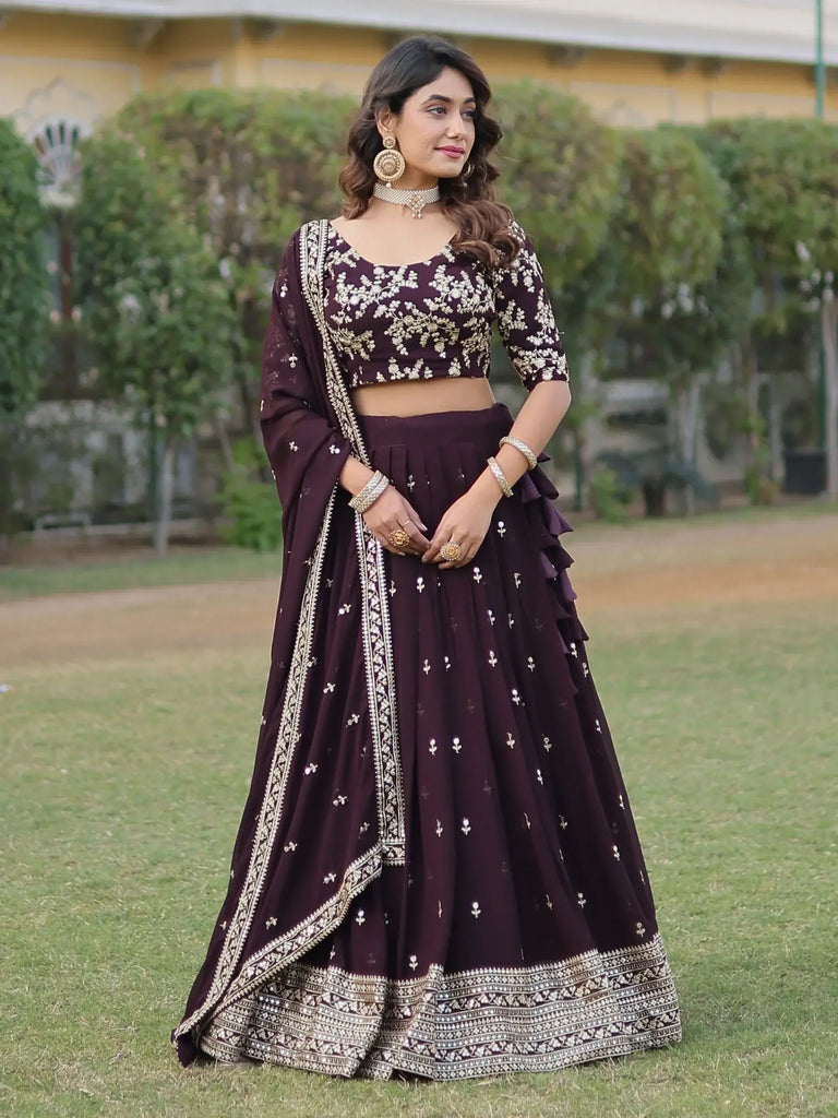 Stunning Wine Embroidered Georgette Wedding Wear Lehenga Choli