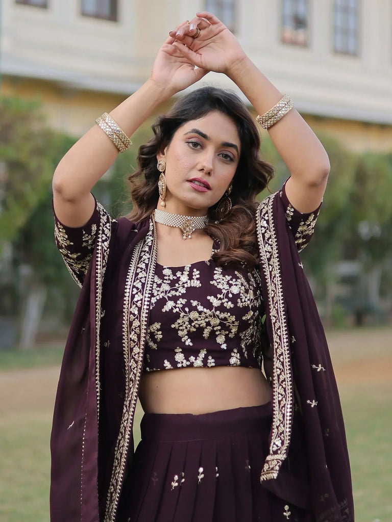 Stunning Wine Embroidered Georgette Wedding Wear Lehenga Choli