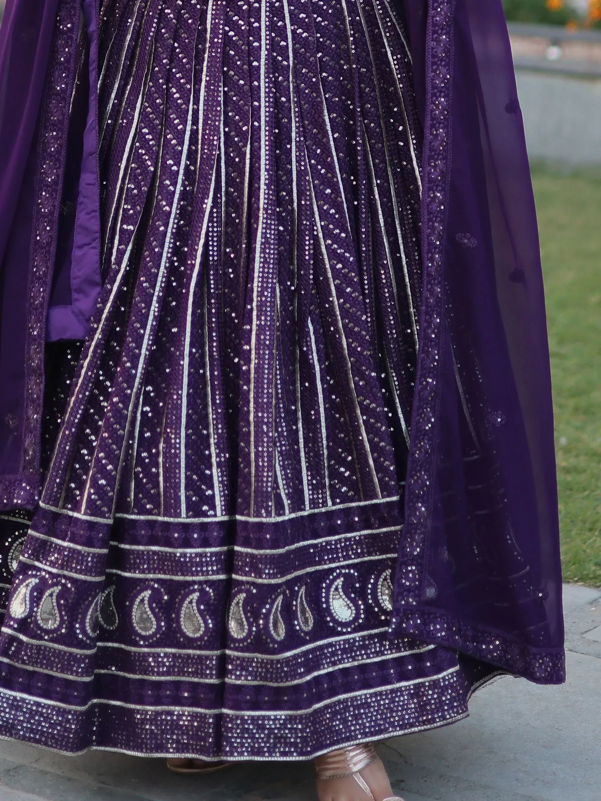 Purple embroidered lehenga with silver sequins and paisley border, perfect for Indian ethnic wear
