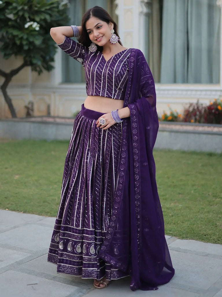 Fantastic Purple Sequins Georgette Reception Wear Lehenga Choli