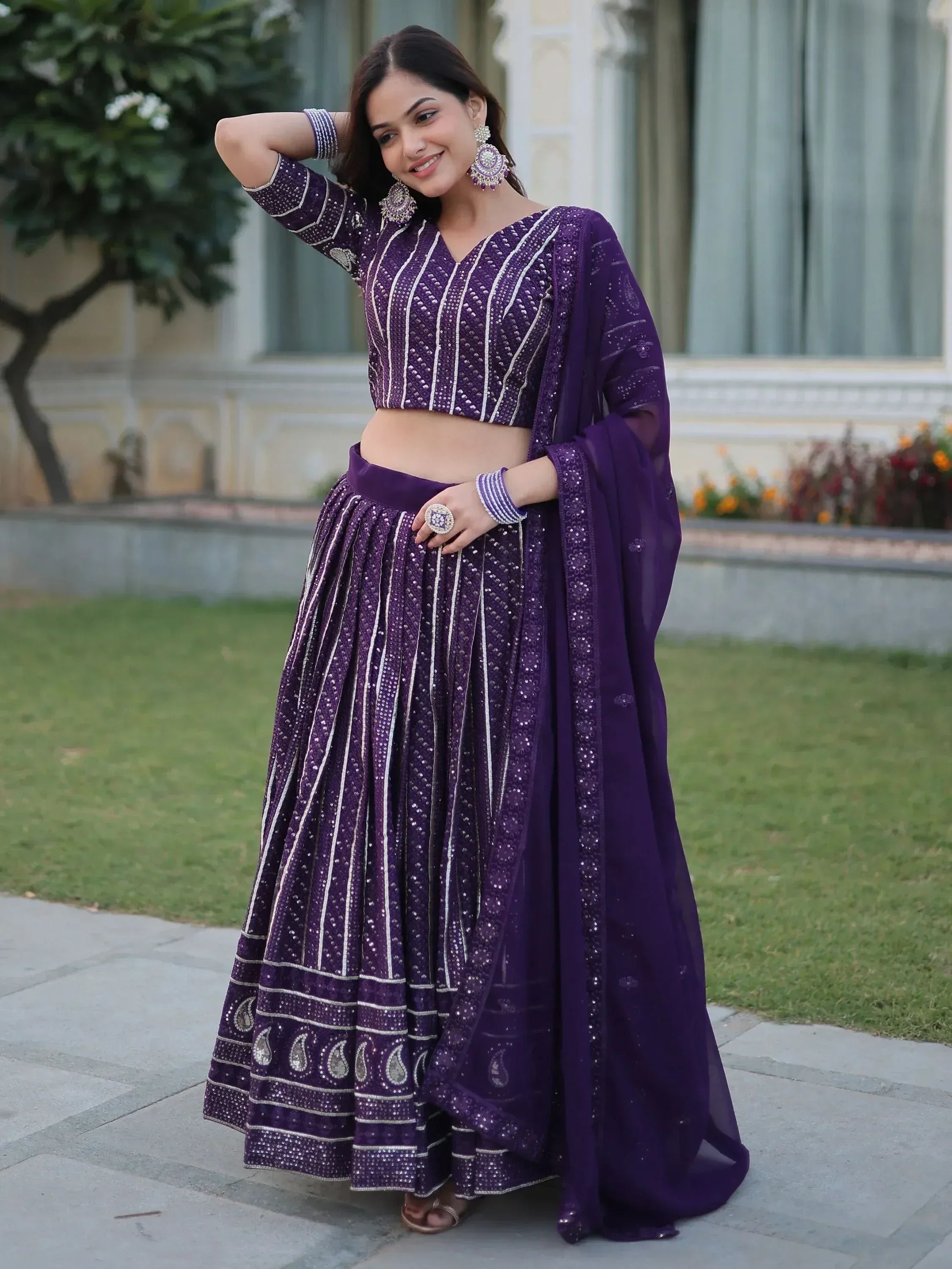 Purple embroidered lehenga choli with sequins, perfect for Indian ethnic wear and festive occasions