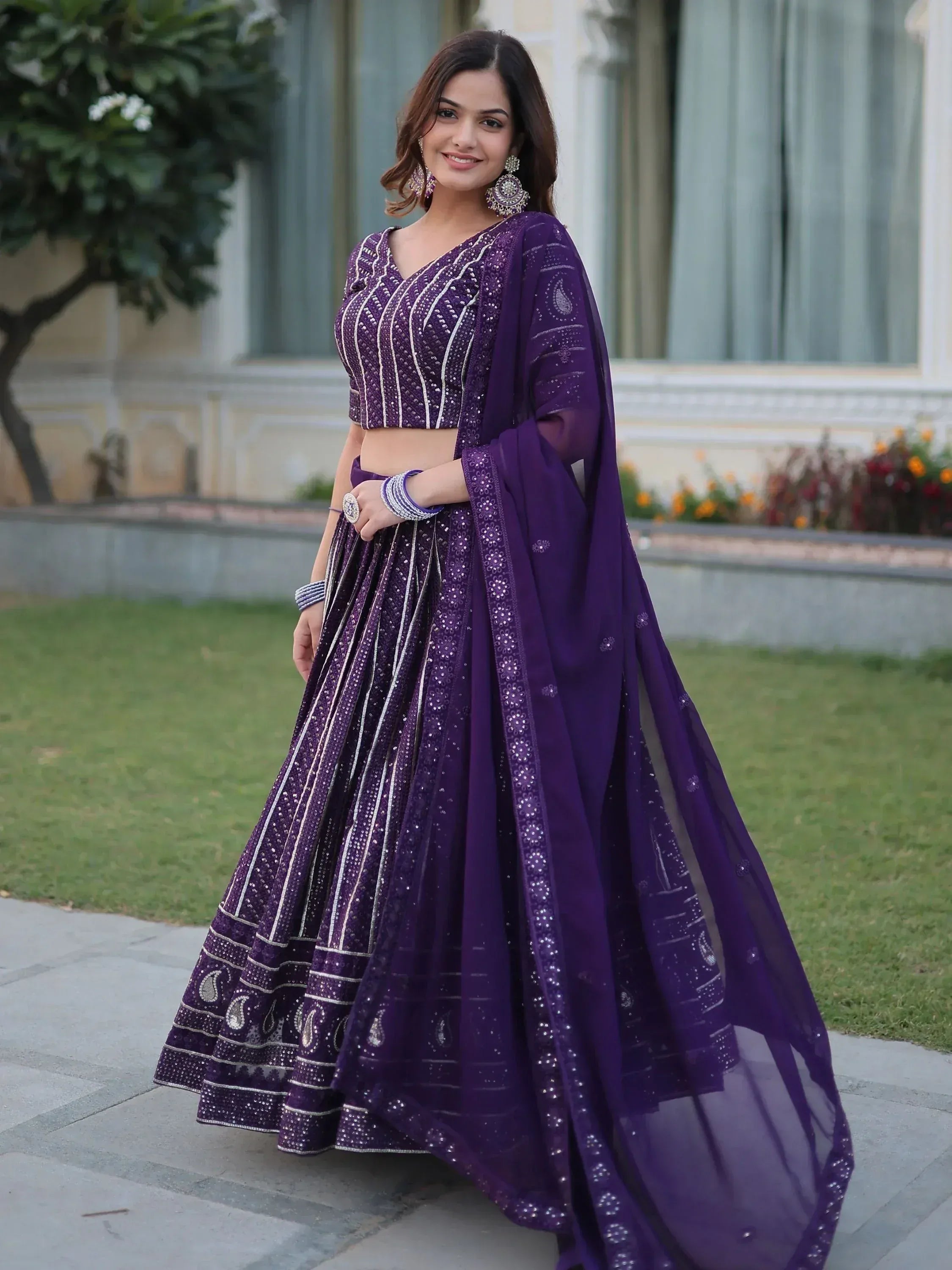 Purple designer lehenga choli with sequin embroidery, perfect for Indian ethnic wear events