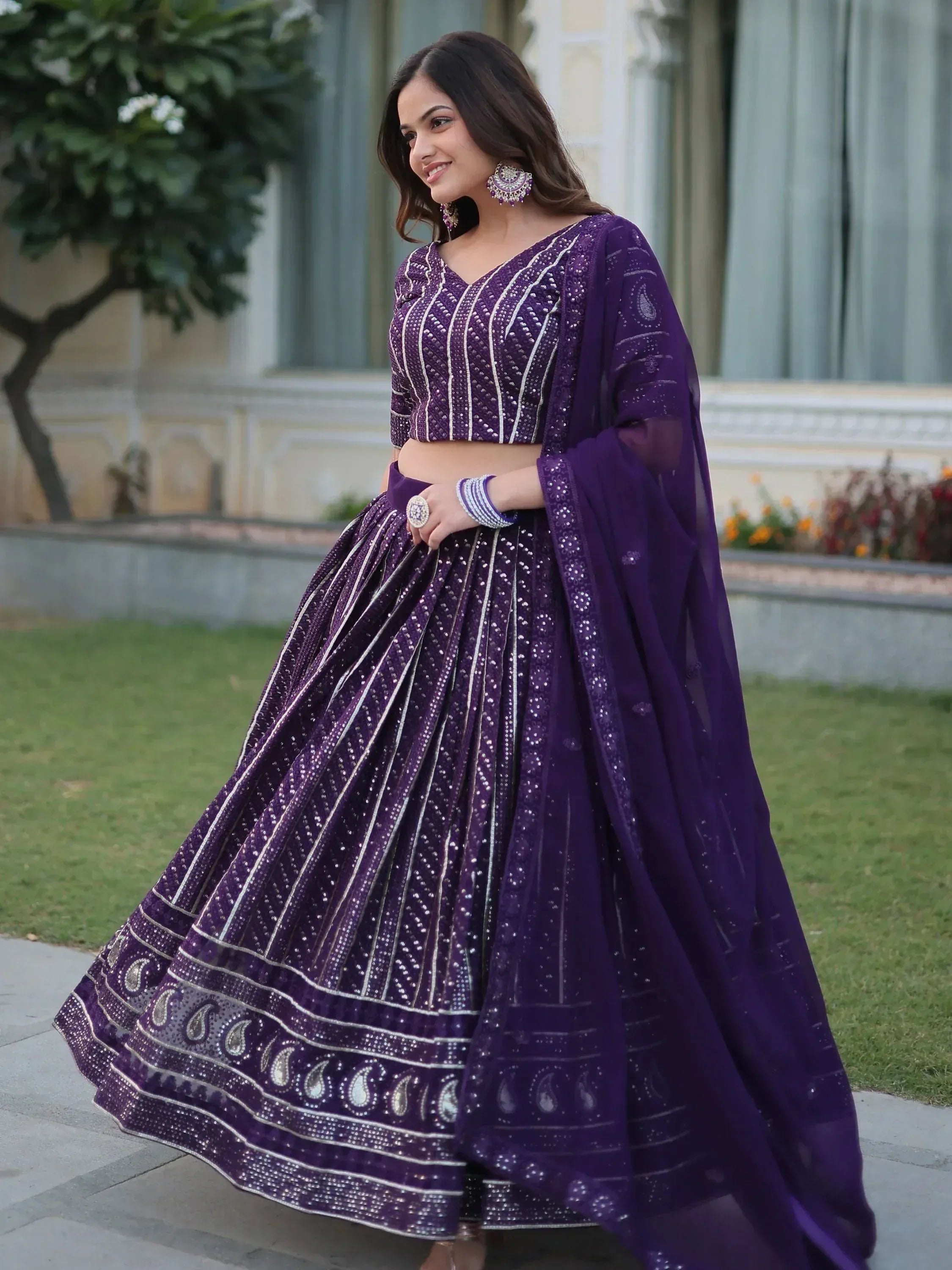 Purple designer lehenga choli with silver embroidery, perfect for Indian ethnic wear occasions