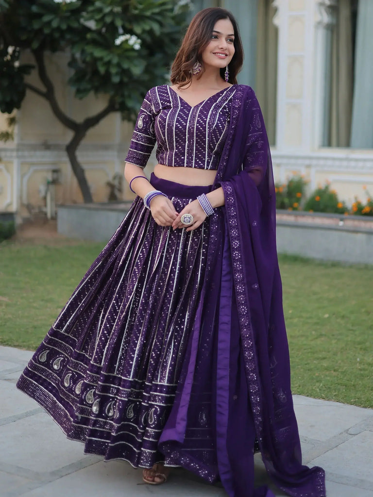 Fantastic Purple Sequins Georgette Reception Wear Lehenga Choli