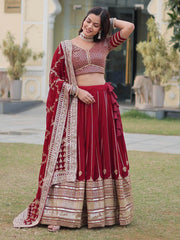 Fascinating Maroon Embroidered Georgette Wedding Wear Lehenga Choli