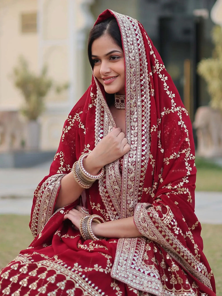 Fascinating Maroon Embroidered Georgette Wedding Wear Lehenga Choli