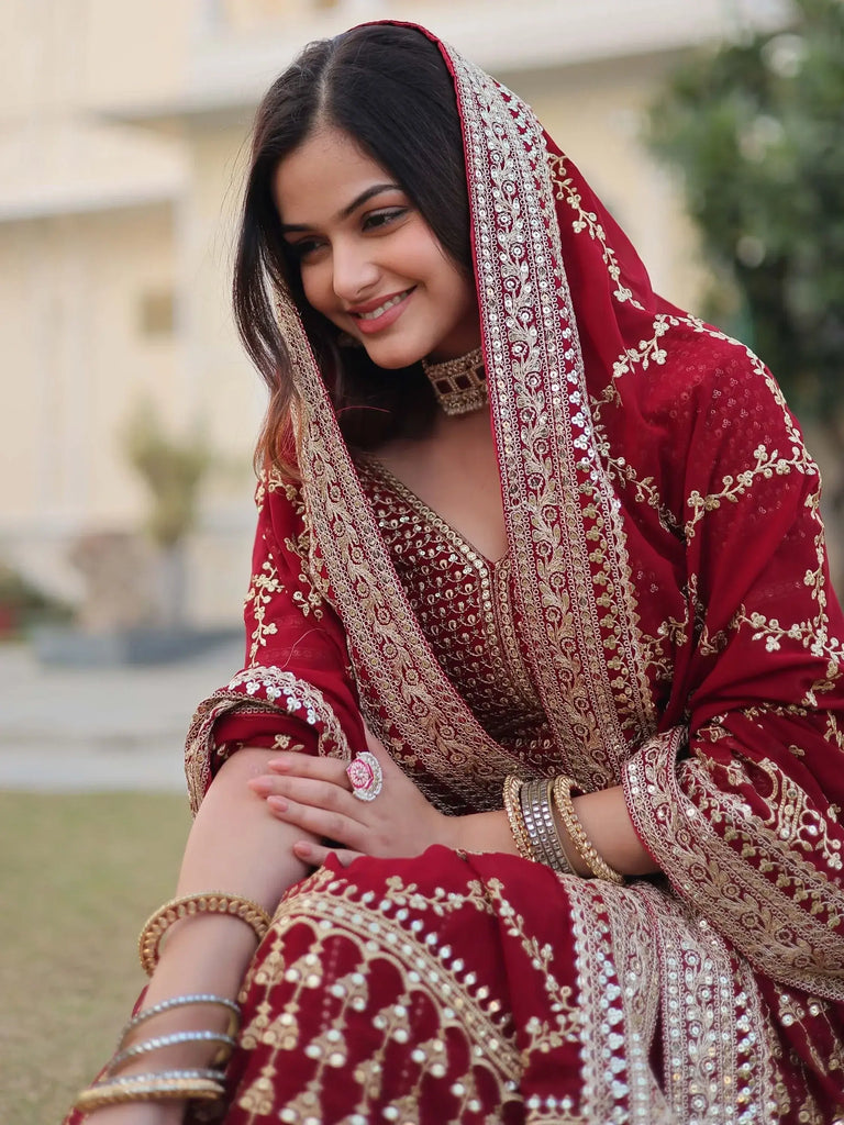 Fascinating Maroon Embroidered Georgette Wedding Wear Lehenga Choli