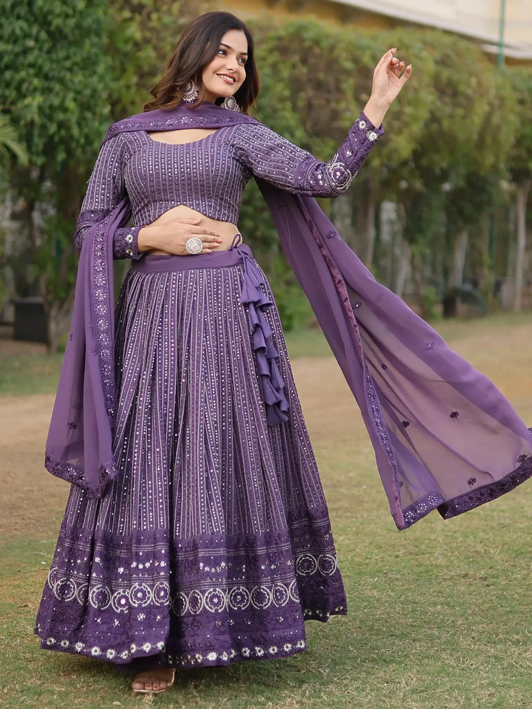 Captivating Purple Sequins Georgette Sangeet Wear Lehenga Choli