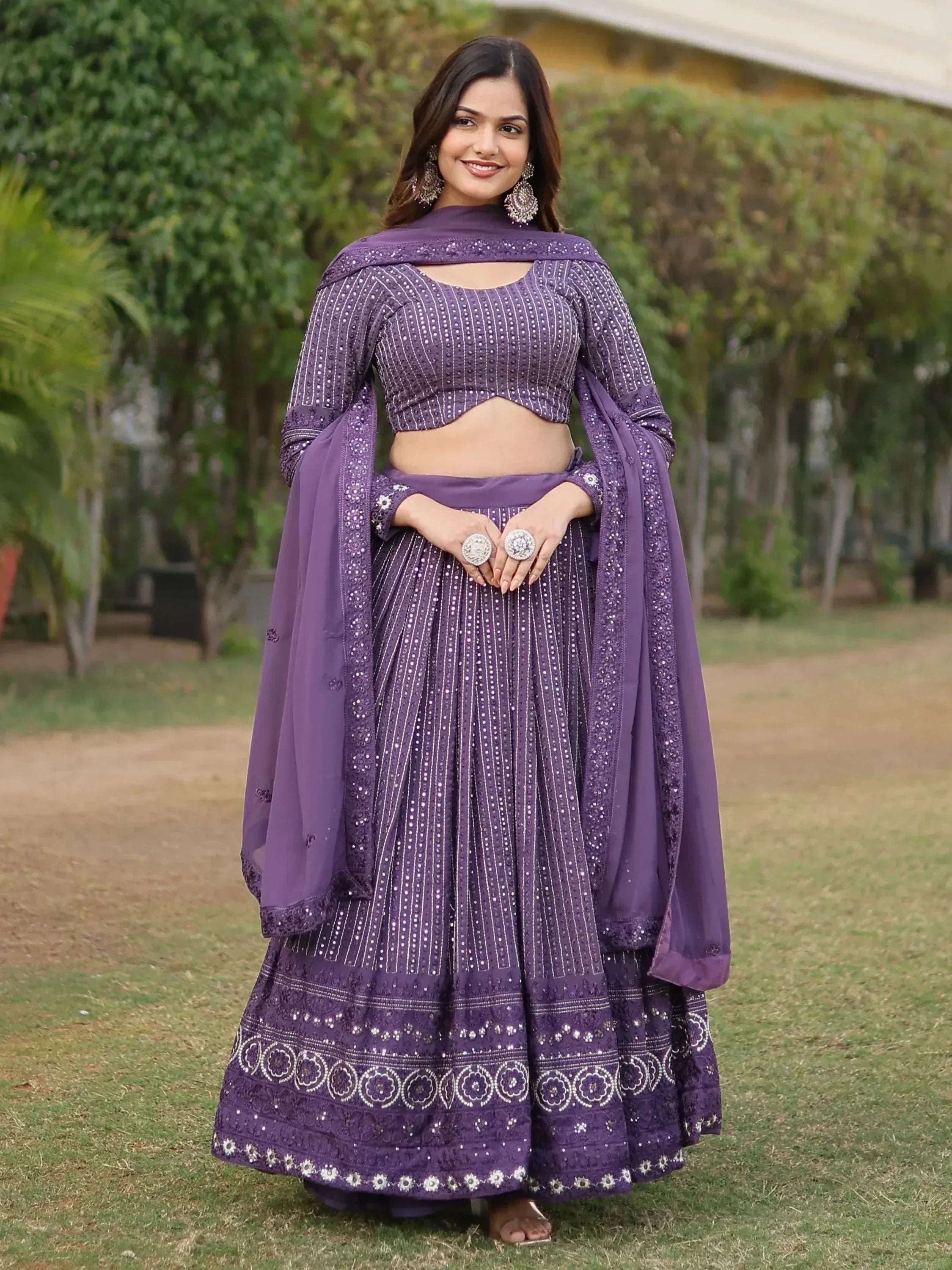 Purple embroidered lehenga choli with dupatta, Indian ethnic wear for women