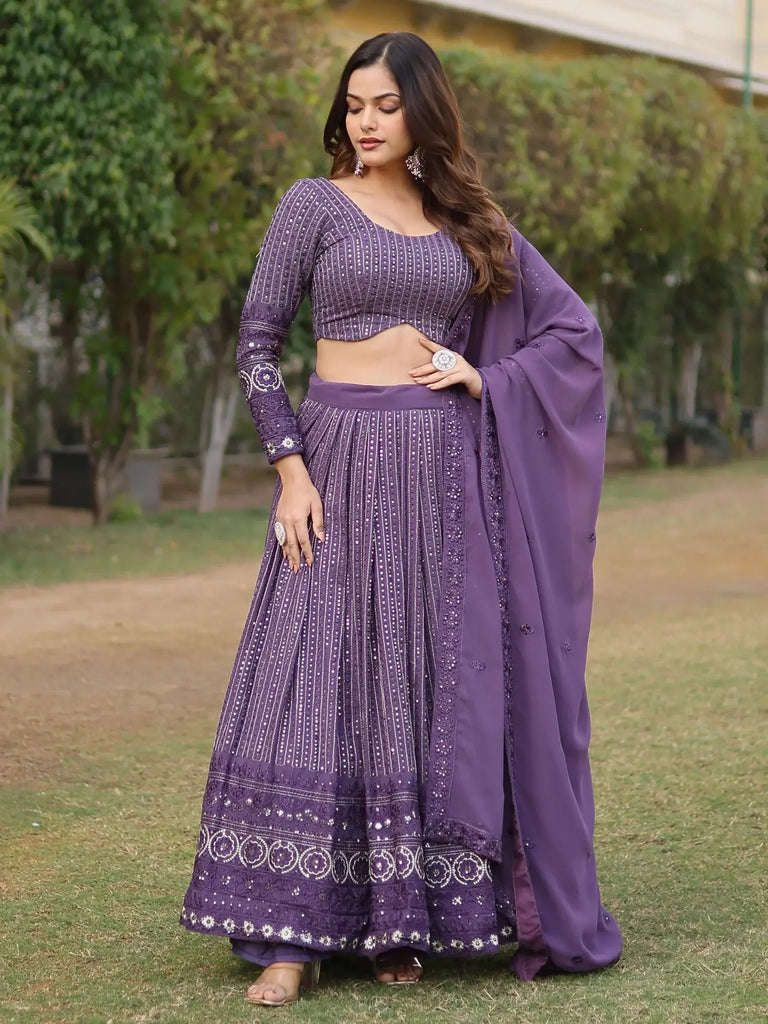 Captivating Purple Sequins Georgette Sangeet Wear Lehenga Choli