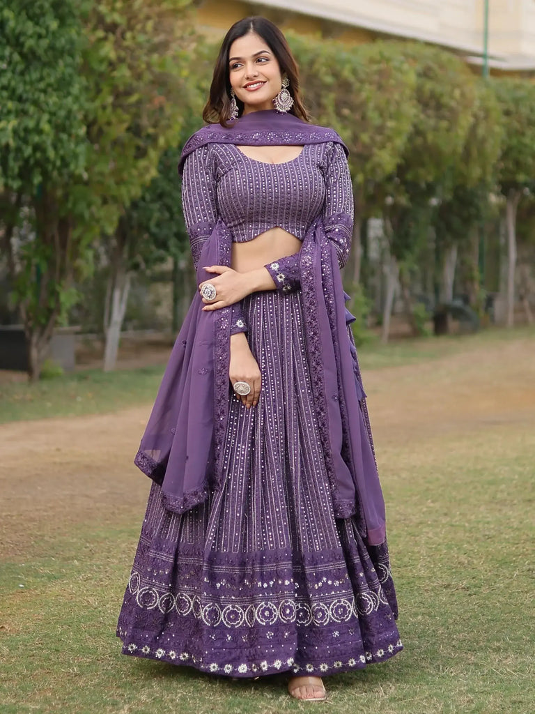 Captivating Purple Sequins Georgette Sangeet Wear Lehenga Choli