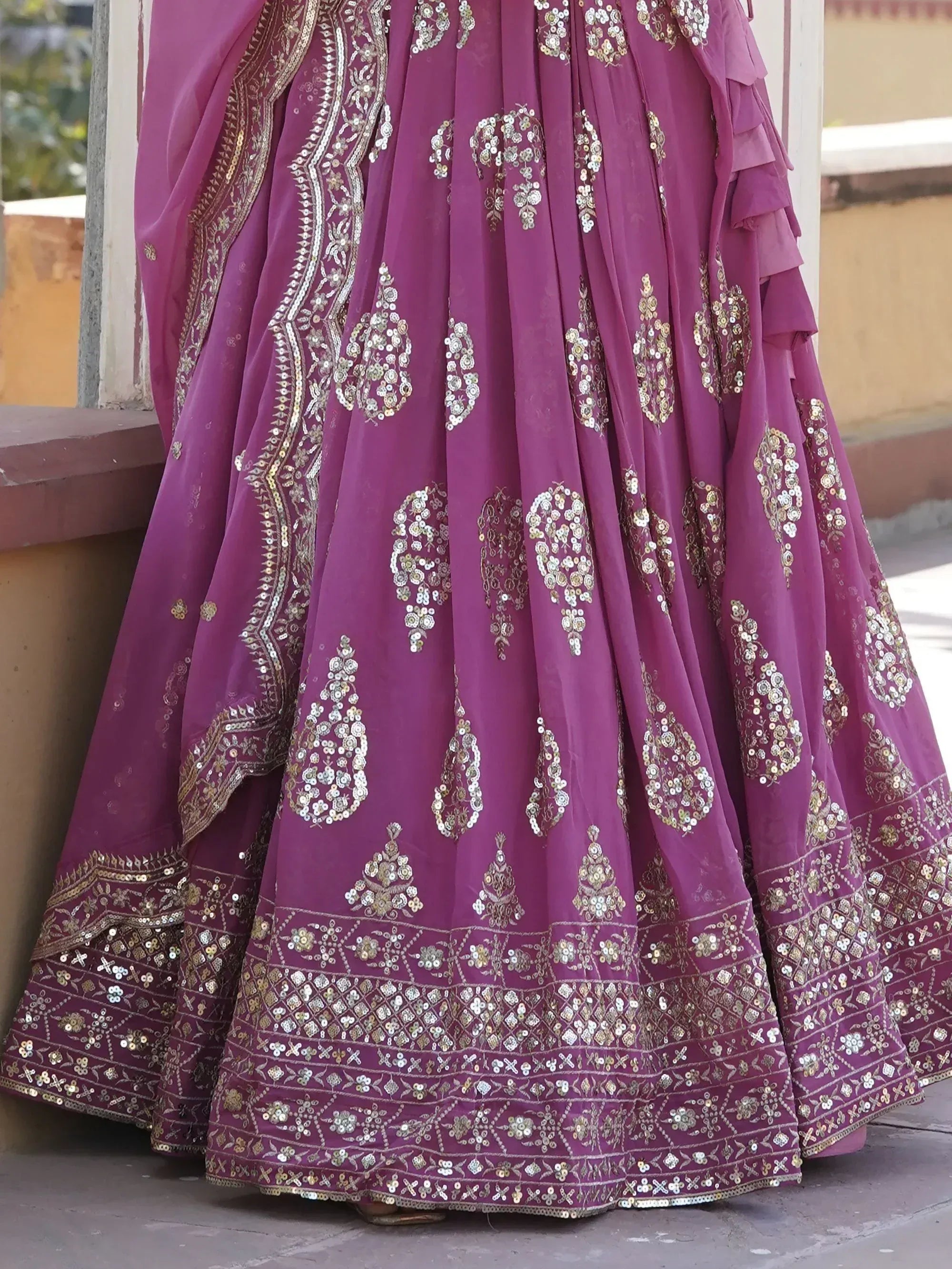 Purple designer lehenga with gold sequin embroidery and ruffled dupatta, Indian ethnic wear