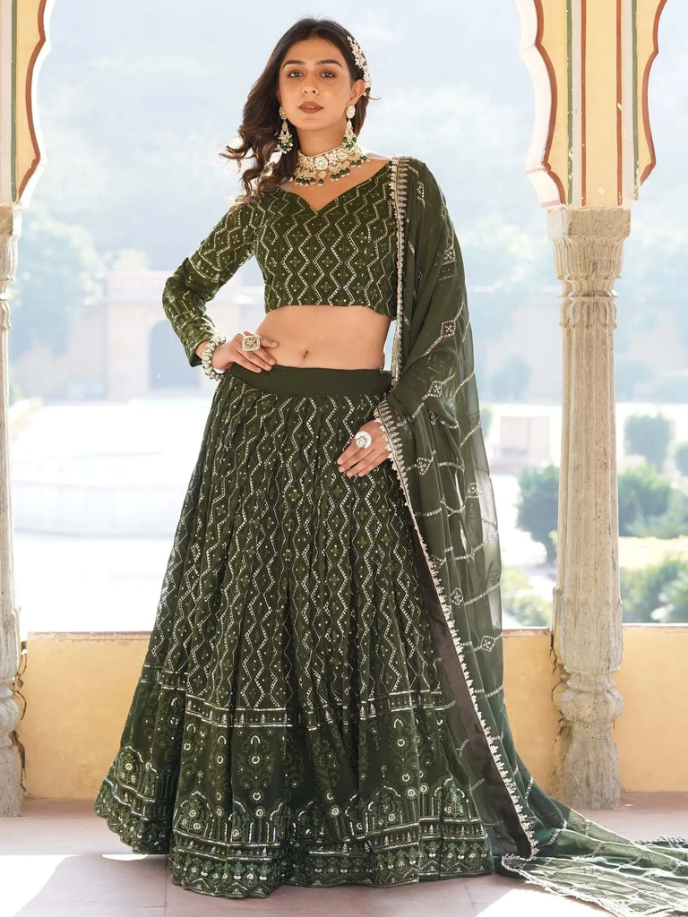 Spectacular Olive Green Sequins Georgette Mehendi Wear Lehenga Choli